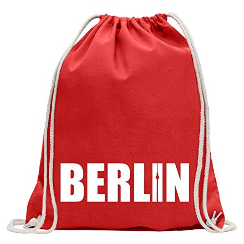 Kiwistar - Turnbeutel - rot - Berlin Schriftzug - Fun Rucksack Sport Beutel Gymsack Baumwolle mit Ziehgurt von Kiwistar