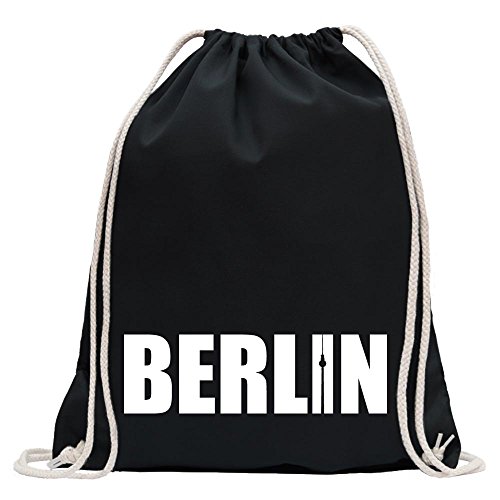 Kiwistar - Turnbeutel - schwarz - Berlin Schriftzug - Fun Rucksack Sport Beutel Gymsack Baumwolle mit Ziehgurt von Kiwistar