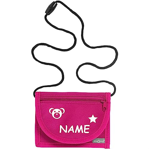 Kiwistar - Brustbeutel pink - Teddy - 13 x 10 cm Geldbeutel zum umhängen - Geldbörse für Jungen & Mädchen mit Namen individuell personalisiert von Kiwistar