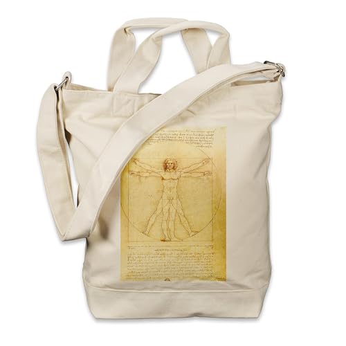 Kiwistar - Einkaufstasche Canvas Tote Bag - Natur - Leonardo Da Vinci Man - Tragetasche bedruckt - Extra Fach für Smartphone & Geldbeutel - lange & kurze Henkel - Shopper von Kiwistar
