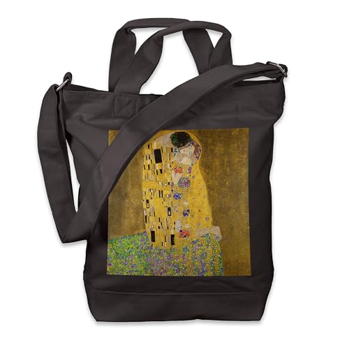 Kiwistar - Einkaufstasche Canvas Tote Bag - Schwarz - Gustav Klimt Kuss - Tragetasche bedruckt - Extra Fach für Smartphone & Geldbeutel - lange & kurze Henkel - Shopper von Kiwistar