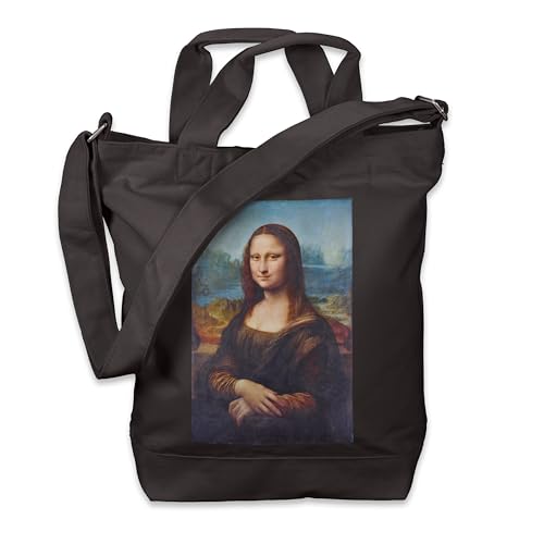 Kiwistar - Einkaufstasche Canvas Tote Bag - Schwarz - Leonardo Da Vinci Mona Lisa - Tragetasche bedruckt - Extra Fach für Smartphone & Geldbeutel - lange & kurze Henkel - Shopper von Kiwistar
