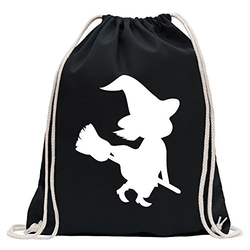 Kiwistar - Turnbeutel - schwarz - Hexe auf Besen Halloween Grusel Horror - Fun Rucksack Sport Beutel Gymsack Baumwolle mit Ziehgurt von Kiwistar