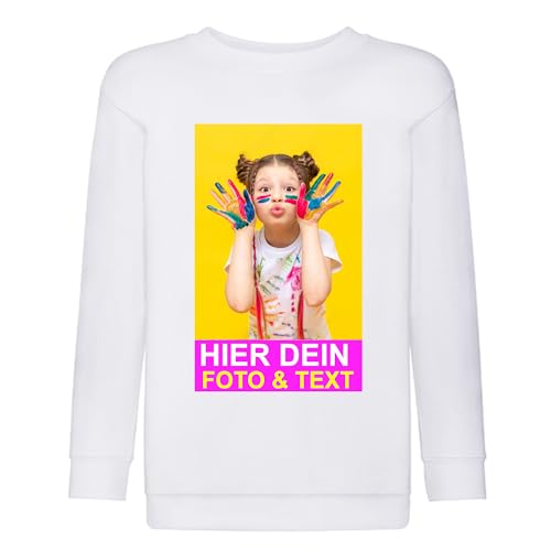 Kiwistar Sweatshirt Kind - Kids - Weiss - 116 - Aufdruck individuell - mit Foto Bedruckt - Wunschtext - Druck personalisiert - Geschenk für Freizeit Sport von Kiwistar