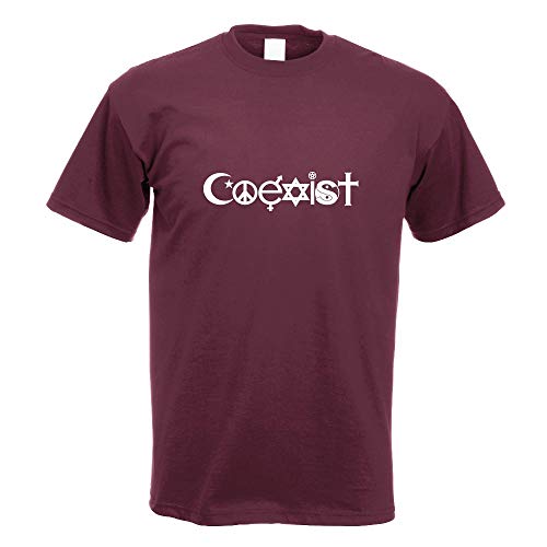 Kiwistar - T-Shirt - Burgund - Coexist Symbole Motiv Bedruckt Funshirt Design Print - mit Motiv Bedruckt - Funshirt Design - Sport - Freizeit - Herren - L von Kiwistar
