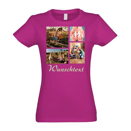 Kiwistar - T-Shirt Damen - Fuchsia - S - Aufdruck individuell - Kollage mit Foto (4) und Wunschtext - Name - Spruch - Druck personalisiert - Geschenk für Freizeit Sport - Collage von Kiwistar