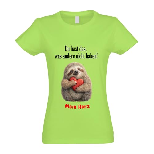 Kiwistar - T-Shirt Damen - apfelgrün - XXL - Valentinstag Liebe - Faultier mit Herz in rot - Geschenk - Sport Freizeit von Kiwistar