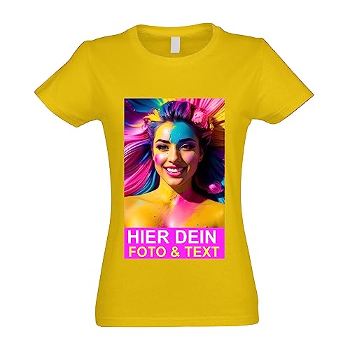 Kiwistar T-Shirt Damen gelb - L - Aufdruck individuell - mit Foto Bedruckt - Wunschtext - Druck personalisiert - Geschenk für Freizeit Sport - selber gestalten von Kiwistar