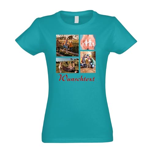 Kiwistar - T-Shirt Damen - türkis - M - Aufdruck individuell - Foto (4) Bild Kollage mit Wunschtext - Name - Spruch - Druck personalisiert - Geschenk für Freizeit Sport - Collage von Kiwistar