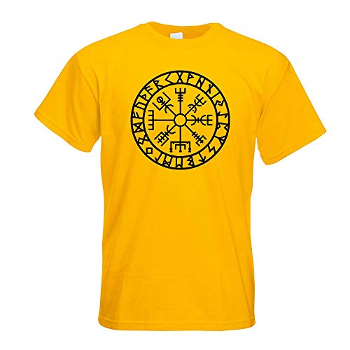 Kiwistar - T-Shirt - gelb - Wikingerkompass Runen Motiv Bedruckt Funshirt Design Print - mit Motiv Bedruckt - Funshirt Design - Sport - Freizeit - Herren - XXL von Kiwistar