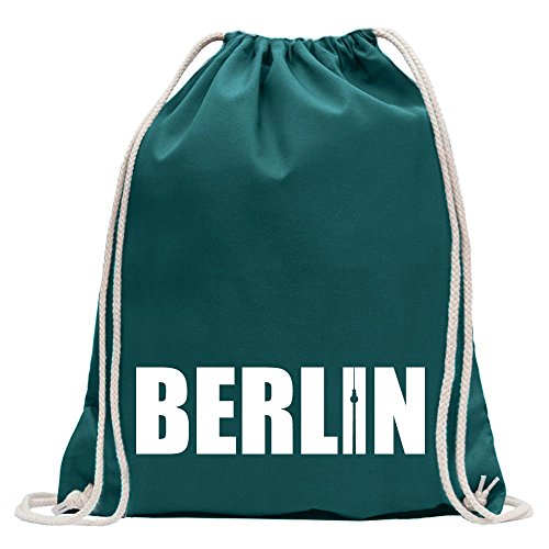 Kiwistar - Turnbeutel - petrol - Berlin Schriftzug - Fun Rucksack Sport Beutel Gymsack Baumwolle mit Ziehgurt von Kiwistar