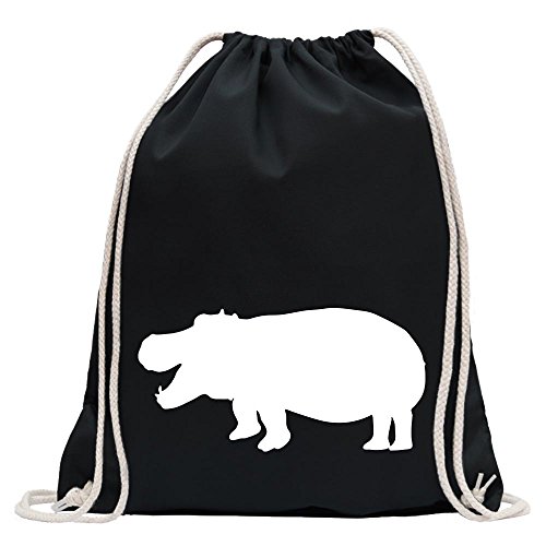 Kiwistar - Turnbeutel - schwarz - Flusspferd - Nilpferd - Hippo - Fun Rucksack Sport Beutel Gymsack Baumwolle mit Ziehgurt von Kiwistar