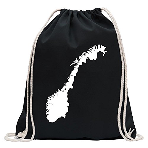 Kiwistar - Turnbeutel - schwarz - Norwegen Umriss Kontur - Fun Rucksack Sport Beutel Gymsack Baumwolle mit Ziehgurt von Kiwistar