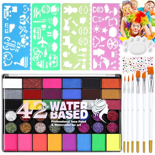 42 Farben Kinderschminken Set, Kinderschminke Set, mit 10 Pinsel, 4 Tattoo-Vorlagen and Glitzersteine Aufkleber, Bodypainting Farben, Gesichtsfarben Kinderschminken, für Halloween Fasching Karneval 42 Farben Kinderschminken Set, Kinderschminke Set, mit 10 Pinsel, 4 Tattoo-Vorlagen and Glitzersteine Aufkleber, Bodypainting Farben, Gesichtsfarben Kinderschminken, für Halloween Fasching Karneval von Kixolo
