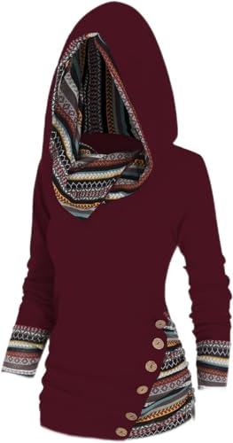 Damen Tribal Geometrischer Druck Langärmelig Kapuze Sweatshirt 2024 Lässig Pullover Unregelmäßig Kapuzenpullover Gestreift Herbst Glaube Klamotten (3XL,Burgund) von Kkaebi