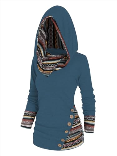 Kkaebi Damen Tribal Geometrischer Druck Langärmelig Kapuze Sweatshirt 2024 Lässig Pullover Unregelmäßig Kapuzenpullover Gestreift Herbst Glaube Klamotten (M,Blau) von Kkaebi