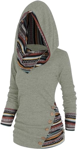 Damen Tribal Geometrischer Druck Langärmelig Kapuze Sweatshirt 2024 Lässig Pullover Unregelmäßig Kapuzenpullover Gestreift Herbst Glaube Klamotten (XXL,Grün Grau) von Kkaebi