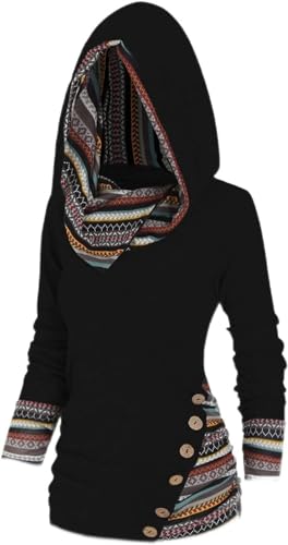 Damen Tribal Geometrischer Druck Langärmelig Kapuze Sweatshirt 2024 Lässig Pullover Unregelmäßig Kapuzenpullover Gestreift Herbst Glaube Klamotten (XXL,Schwarz) von Kkaebi