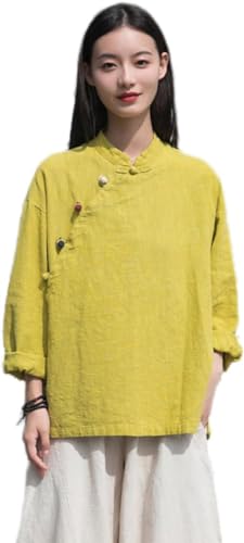 Kkaebi Damen Chinesische Ramie Bluse - Baumwolle Leinen Sommer Hanfu Shirt Traditionelle Kleidung Meditationsanzug mit Langarm Retro Tunika Tops Meditationsanzug, gelb, M von Kkaebi