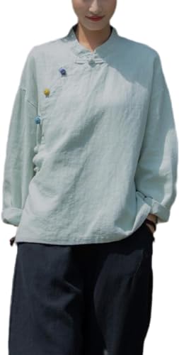 Kkaebi Damen Chinesische Ramie Bluse - Baumwolle Leinen Sommer Hanfu Shirt Traditionelle Kleidung Meditationsanzug mit Langarm Retro Tunika Tops Meditationsanzug, lichtgrün, M von Kkaebi