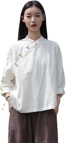 Kkaebi Damen Chinesische Ramie Bluse - Baumwolle Leinen Sommer Hanfu Shirt Traditionelle Kleidung Meditationsanzug mit Langarm Retro Tunika Tops Meditationsanzug, weiß, M von Kkaebi
