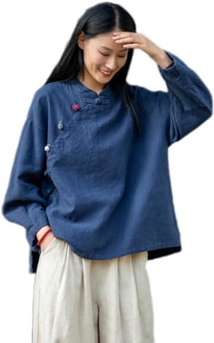Kkaebi Damen Chinesisches Ramie Hemd - Baumwollleinen Sommer Hanfu Hemd Traditionelle Kleidung Meditationsanzug Mit Langen Ärmeln Retro Tunika Oberteile Meditationsanzug (M,Marine) von Kkaebi