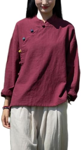 Kkaebi Damen Chinesisches Ramie Hemd - Baumwollleinen Sommer Hanfu Hemd Traditionelle Kleidung Meditationsanzug Mit Langen Ärmeln Retro Tunika Oberteile Meditationsanzug (M,Rot) von Kkaebi