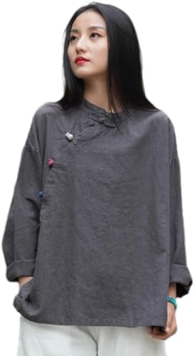 Kkaebi Damen Chinesisches Ramie Hemd - Baumwollleinen Sommer Hanfu Hemd Traditionelle Kleidung Meditationsanzug Mit Langen Ärmeln Retro Tunika Oberteile Meditationsanzug (S,Grau) von Kkaebi