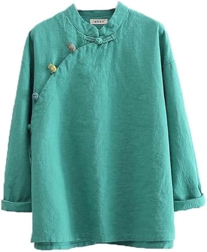 Kkaebi Damen Chinesisches Ramie Hemd - Baumwollleinen Sommer Hanfu Hemd Traditionelle Kleidung Meditationsanzug Mit Langen Ärmeln Retro Tunika Oberteile Meditationsanzug (S,Grün) von Kkaebi