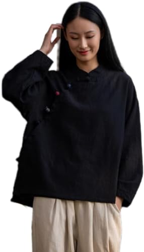 Kkaebi Damen Chinesisches Ramie Hemd - Baumwollleinen Sommer Hanfu Hemd Traditionelle Kleidung Meditationsanzug Mit Langen Ärmeln Retro Tunika Oberteile Meditationsanzug (S,Schwarz) von Kkaebi