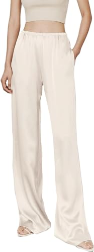 WINARA Damen Satin Seidenhose - Weite Beinhose Elastischer Hoher Bund Fließende Lange Hose Lounge Unterteile Mit Taschen(Beige,S) von WINARA