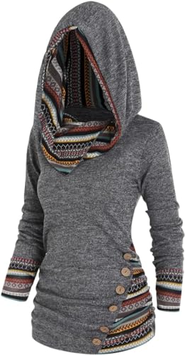 Kkaebi Damen Tribal Geometrischer Druck Langärmelig Kapuze Sweatshirt 2024 Lässig Pullover Unregelmäßig Kapuzenpullover Gestreift Herbst Glaube Klamotten (L,Grau) von Kkaebi