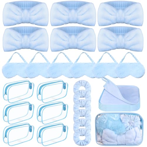 30 Stück Spa-Übernachtungsparty-Zubehör für Mädchen, 6 Schleifen-Gesichts-Stirnbänder, 6 blaue Plüsch-Schlaf-Augenmasken, 6 Samt-Haargummis, 6 Make-up-Entferner-Tücher, 6 transparente Kosmetiktaschen von Kklolai