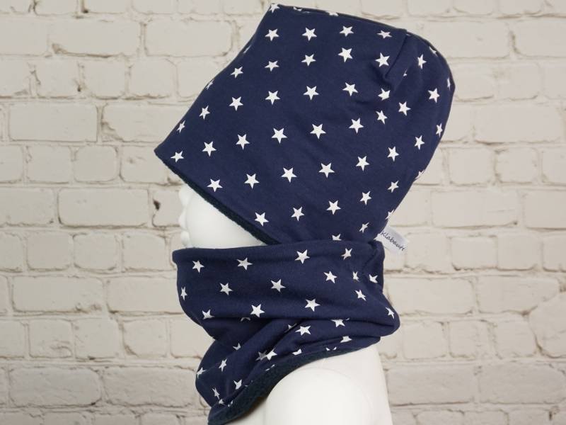 Beanie Mütze Schal Set Halssocke Baby Kind Blau Sterne Sweat Fleece Jersey Handmade von KlabauterAtelier