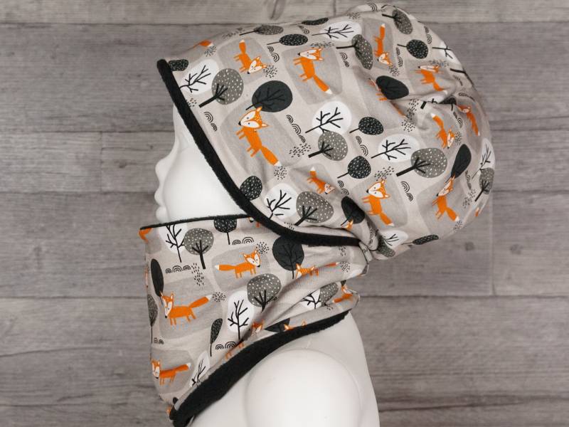 Beanie Mütze Schal Set Halssocke Baby Kind Fleece Handmade Füchse von KlabauterAtelier