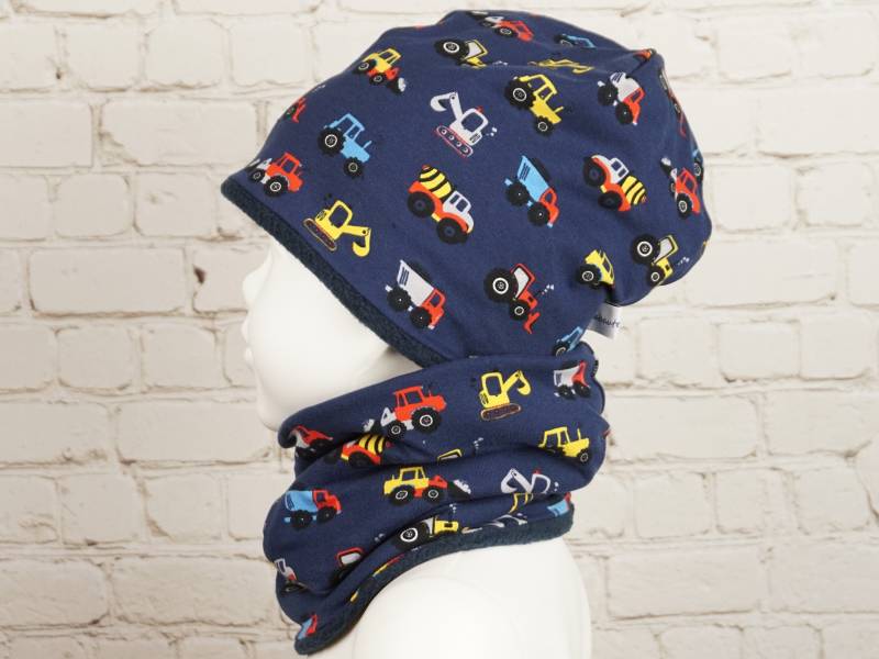 Beanie Mütze Schal Set Halssocke Baby Kind Fleece Jersey Handmade Baustelle von KlabauterAtelier