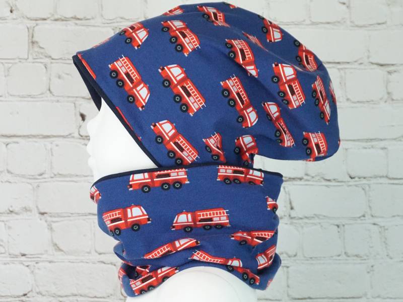 Beanie Mütze Schal Set Halssocke Baby Kind Fleece Jersey Handmade Feuerwehr von KlabauterAtelier