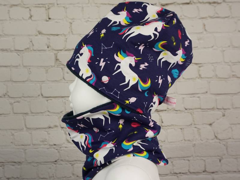 Beanie Mütze Schal Set Halssocke Baby Kind Jersey Oder Fleece Handmade Einhörner Einhorn von KlabauterAtelier