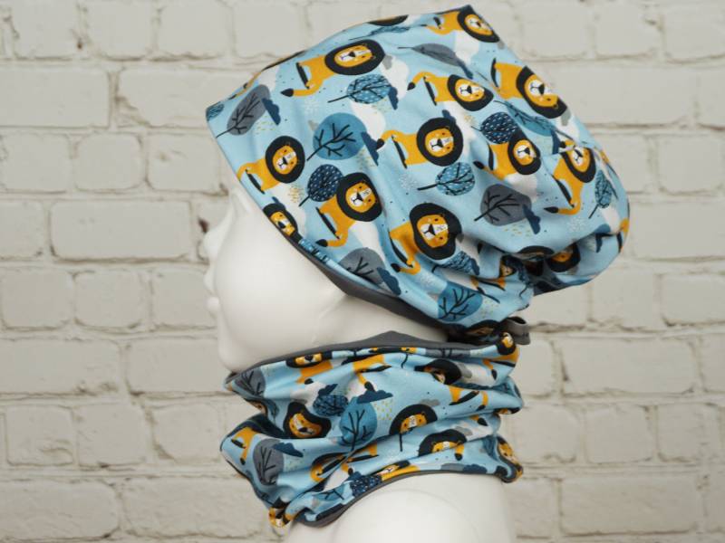 Beanie Mütze Schal Set Halssocke Baby Kind Jersey Oder Fleece Handmade Löwen von KlabauterAtelier