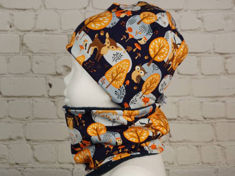 Beanie Mütze Schal Set Halssocke Baby Kind Jersey Oder Fleece Handmade Waldtiere von KlabauterAtelier