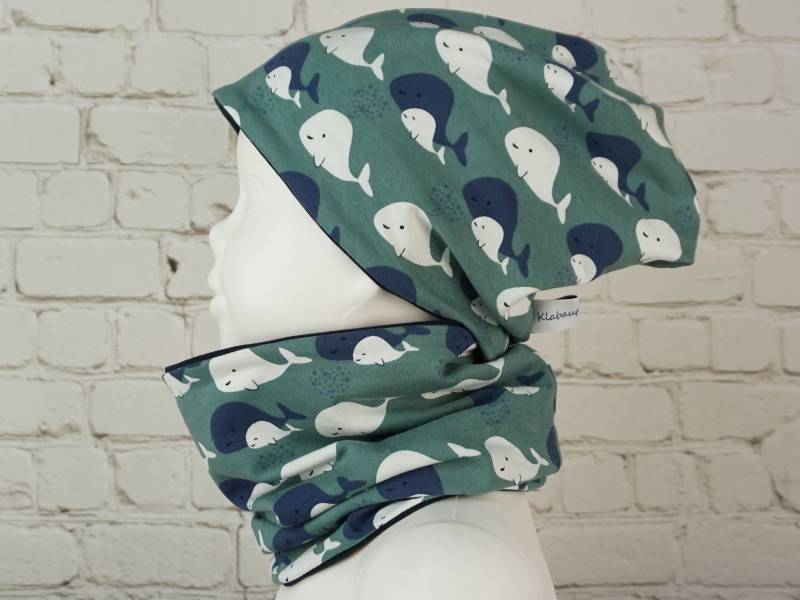 Beanie Mütze Schal Set Halssocke Baby Kind Jersey Oder Fleece Handmade Wale von KlabauterAtelier