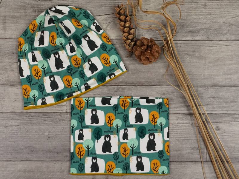 Beanie Mütze Schal Set Halssocke Bären Baby Kind Jersey Handmade Jungen Senf von KlabauterAtelier