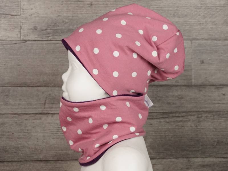 Beanie Mütze Schal Set Punkte Dots Altrosa Lila Wendebeanie Halssocke Baby Kind Jersey Oder Fleece Handmade Mädchen von KlabauterAtelier