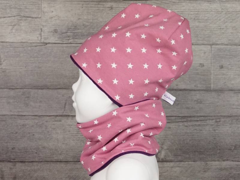 Beanie Mütze Schal Set Sterne Altrosa Lila Wendebeanie Halssocke Baby Kind Fleece Oder Jersey Handmade Mädchen von KlabauterAtelier