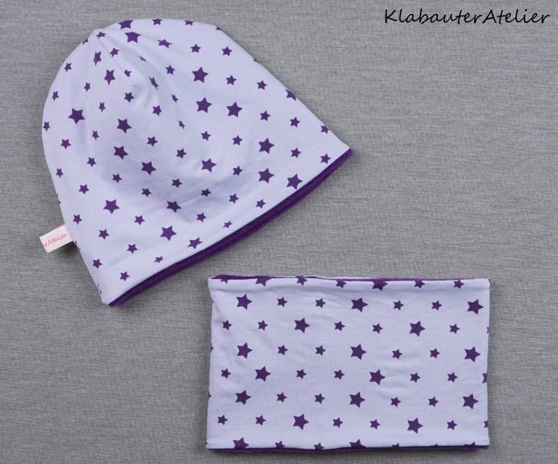 Beanie Mütze Schal Set Wendebeanie Halssocke Baby Kind Fleece Handmade Mädchen Sternchen Flieder Lila von KlabauterAtelier