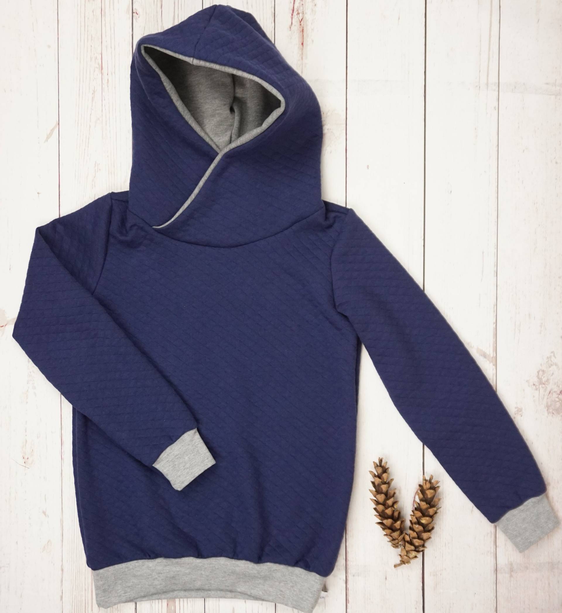 Hoodie Pullover Wickelkapuze Handmade Stepp Blau Grau 68/74/80/86/92/98/104/110/116/122/128/134/140/146/152/158/164/170 von KlabauterAtelier