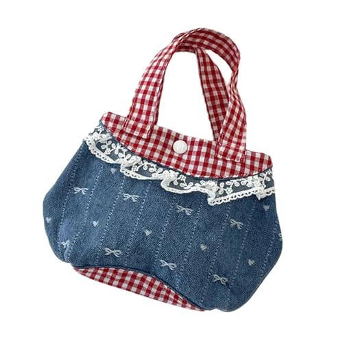 Feminine Jeans Handtasche mit Retro Plaids Muster und dekorativer Spitzeneinfassung Praktischer Tragegriff für verschiedene Anlässe Elegante Jeans Tasche mit Spitzenbesatz, Dunkelblaue Schleife, One von Klaisy
