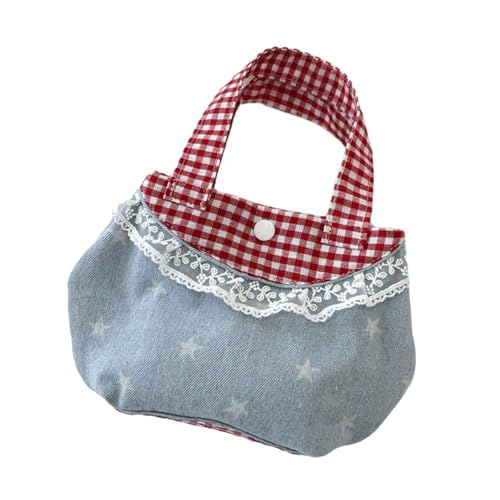 Feminine Jeans Handtasche mit Retro Plaids Muster und dekorativer Spitzeneinfassung Praktischer Tragegriff für verschiedene Anlässe Elegante Jeans Tasche mit Spitzenbesatz, Hellblauer Stern, One Size von Klaisy
