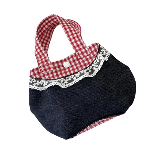 Feminine Jeans Handtasche mit Retro Plaids Muster und dekorativer Spitzeneinfassung Praktischer Tragegriff für verschiedene Anlässe Elegante Jeans Tasche mit Spitzenbesatz, blau / schwarz, One Size von Klaisy