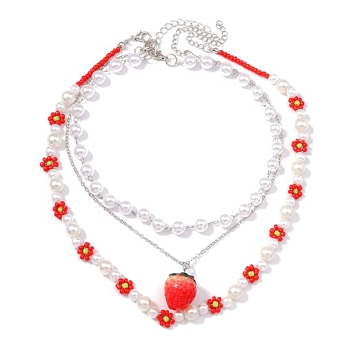 Klaisy 3 Stück schöne Erdbeer-Anhänger-Halskette mit Perlen, modischer Halsschmuck, geeignet für Modeliebhaber, Geschenk, Party-Accessoire von Klaisy